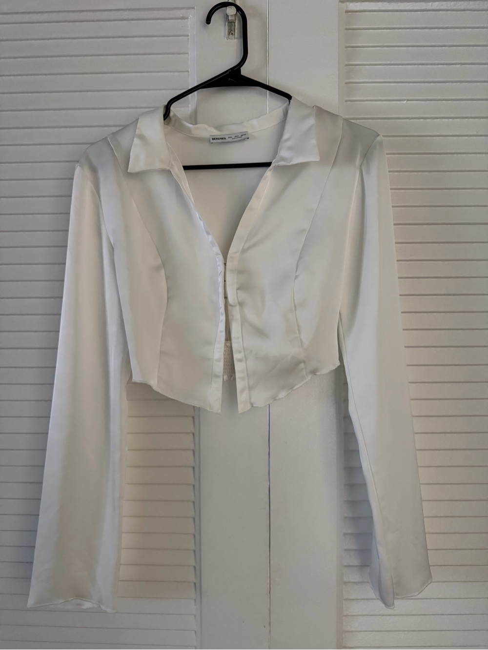 Bershka White Satin Cropped Button-Up Top